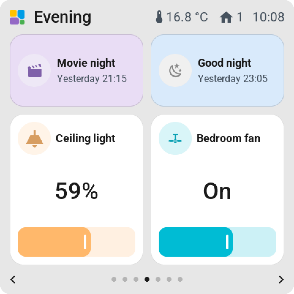 The Evening page: Movie night and Good night in pastel lilac and blue, and two tiles one cell wide and two high: the ceiling light at 59 % and the bedroom fan, each with a big slider