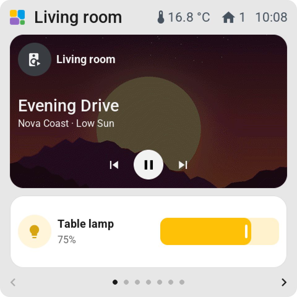 The 4-inch Guition: a media tile two by two with the album cover behind the track, the artist and the previous, pause and next keys, above a table lamp with its dimmer