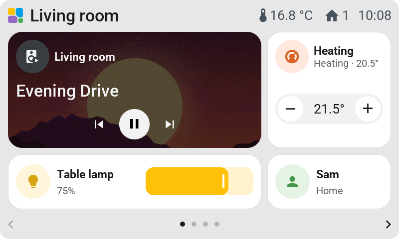 The 4.3-inch Waveshare: the media tile two by two with its album cover, the heating one cell wide and two high, a lamp dimmer and Sam at home
