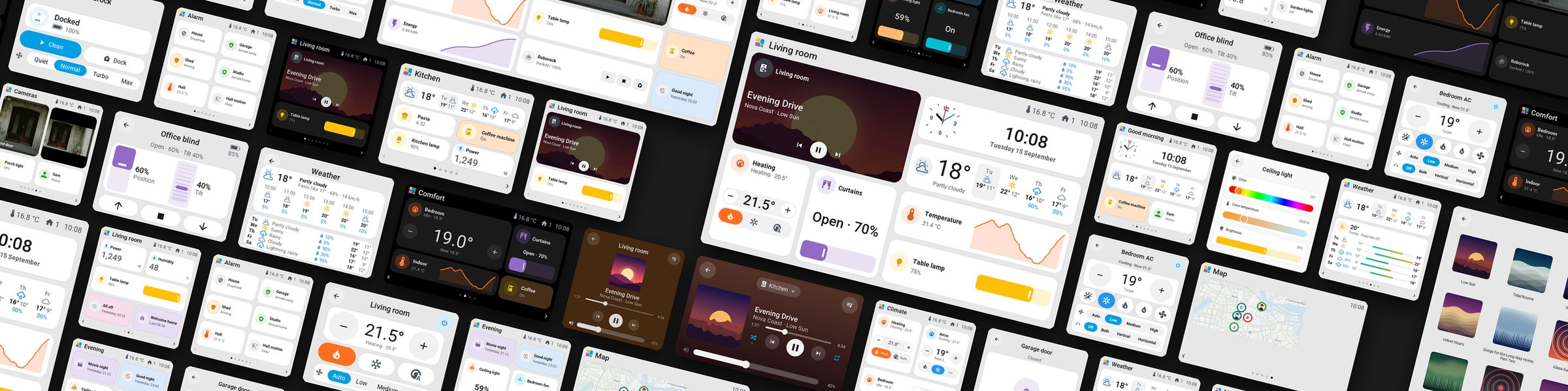 A mosaic of real Tessera screens in every size, from the 2.8-inch CYD to the 10.1-inch Guition: lights, music, the thermostat, the weather, locks, blinds and the vacuum, in light and dark mode