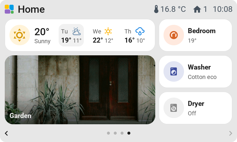 The 4.3-inch Waveshare: a wide weather tile with the coming days, the bedroom thermostat, a garden camera filling a tile of two by two cells, the washing machine on Cotton eco and the dryer