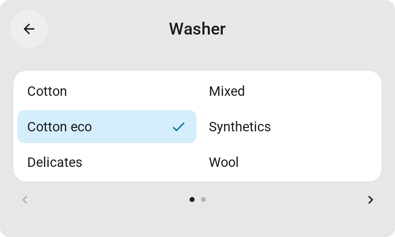 The select card of a washing machine on the 4.3-inch Waveshare: its programmes in two columns, Cotton eco checked, and page dots for the rest