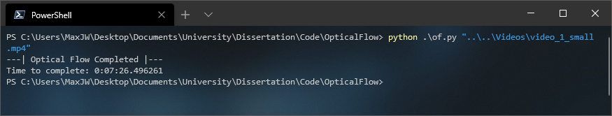 Screenshot of OpticalFlow run from PowerShell (on a 40 minute video)