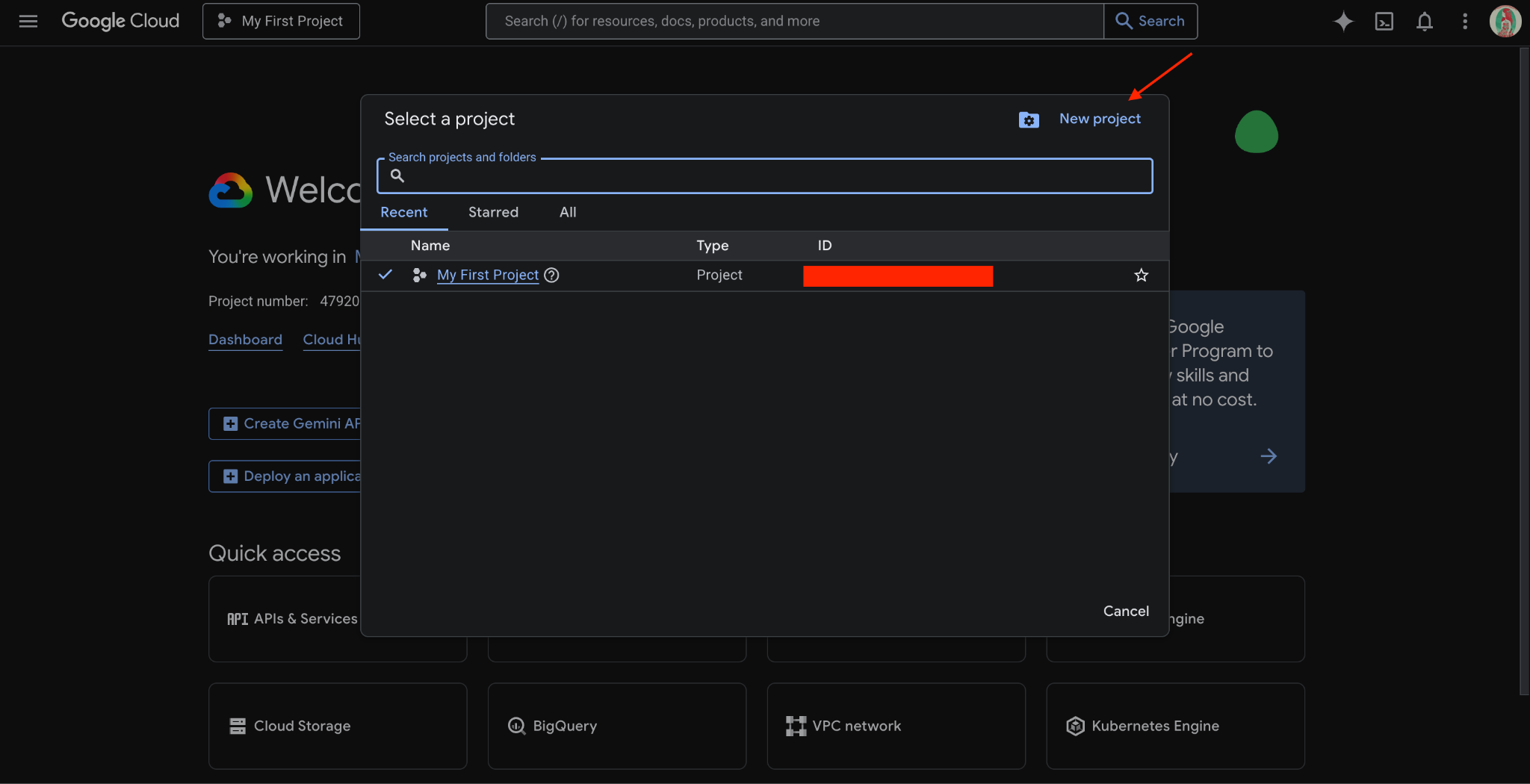 Selecting a project in Google Cloud Console