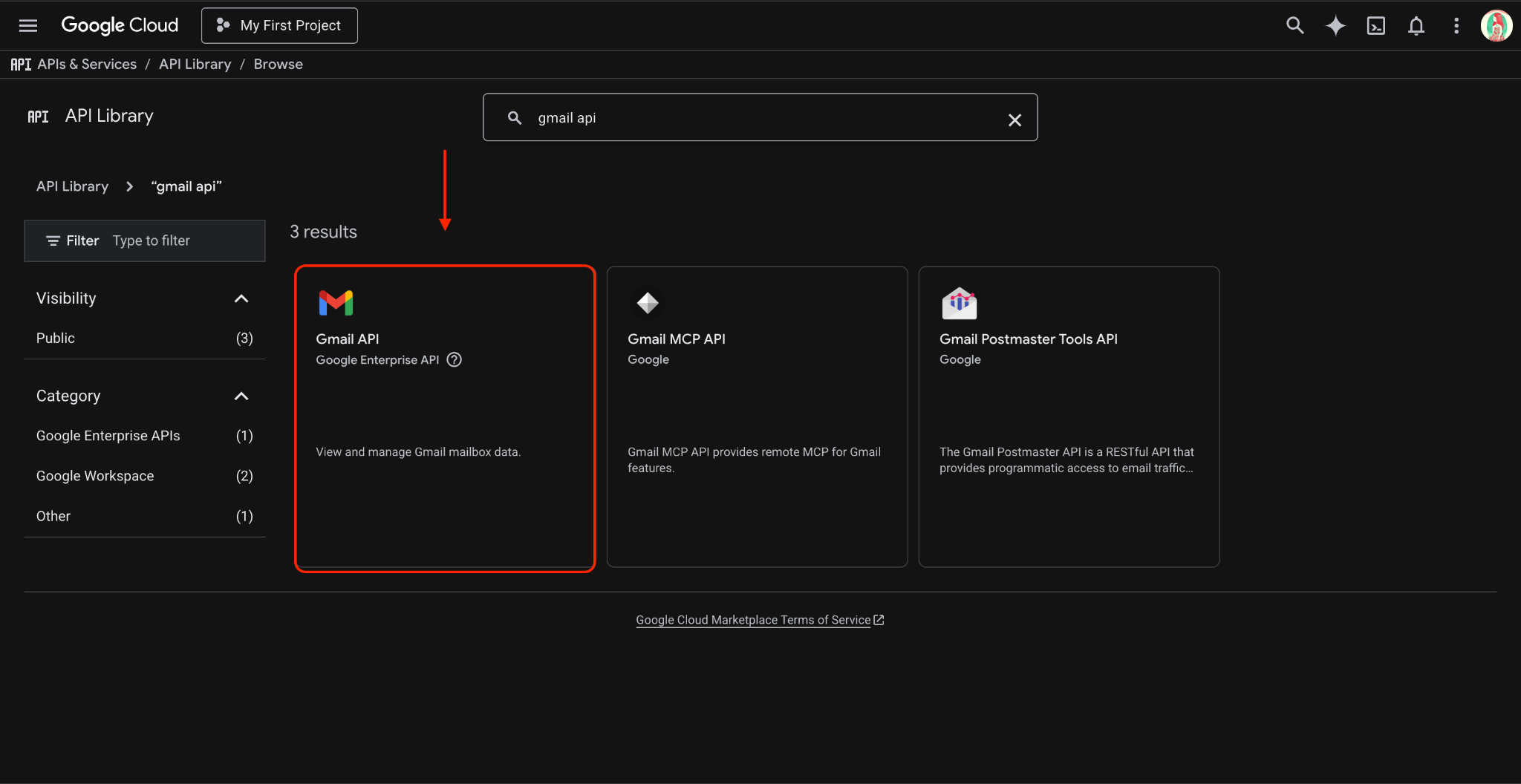 Searching for Gmail API in Google Cloud