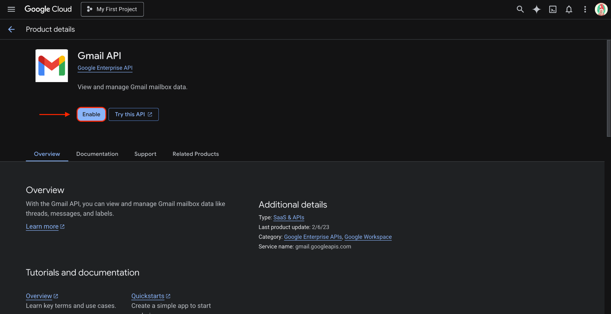 Enable button for Gmail API