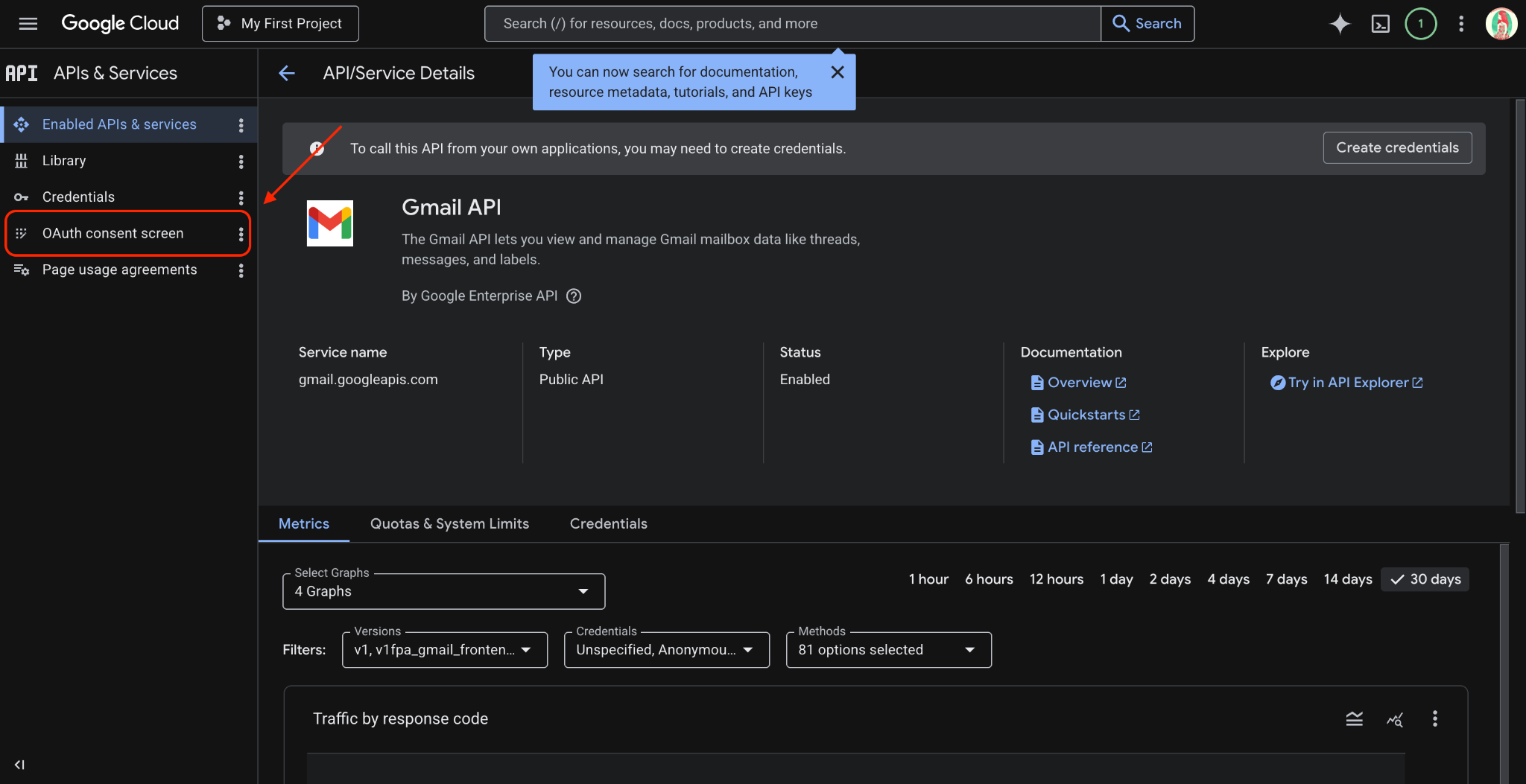 Gmail API page after enabling