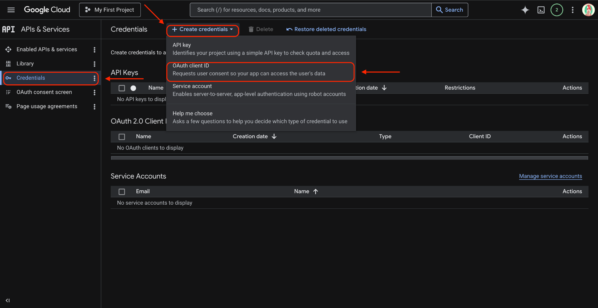Creating credentials in Google Cloud