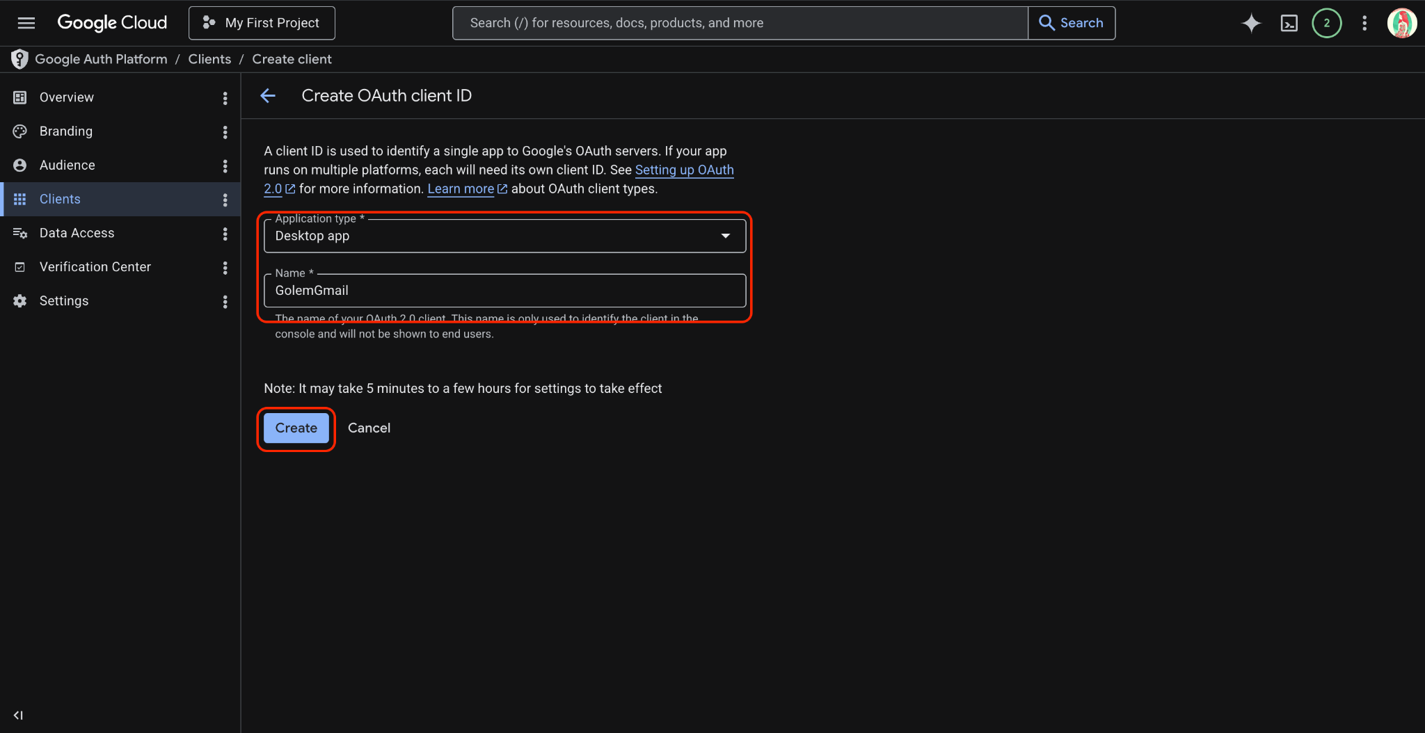 Creating OAuth client ID
