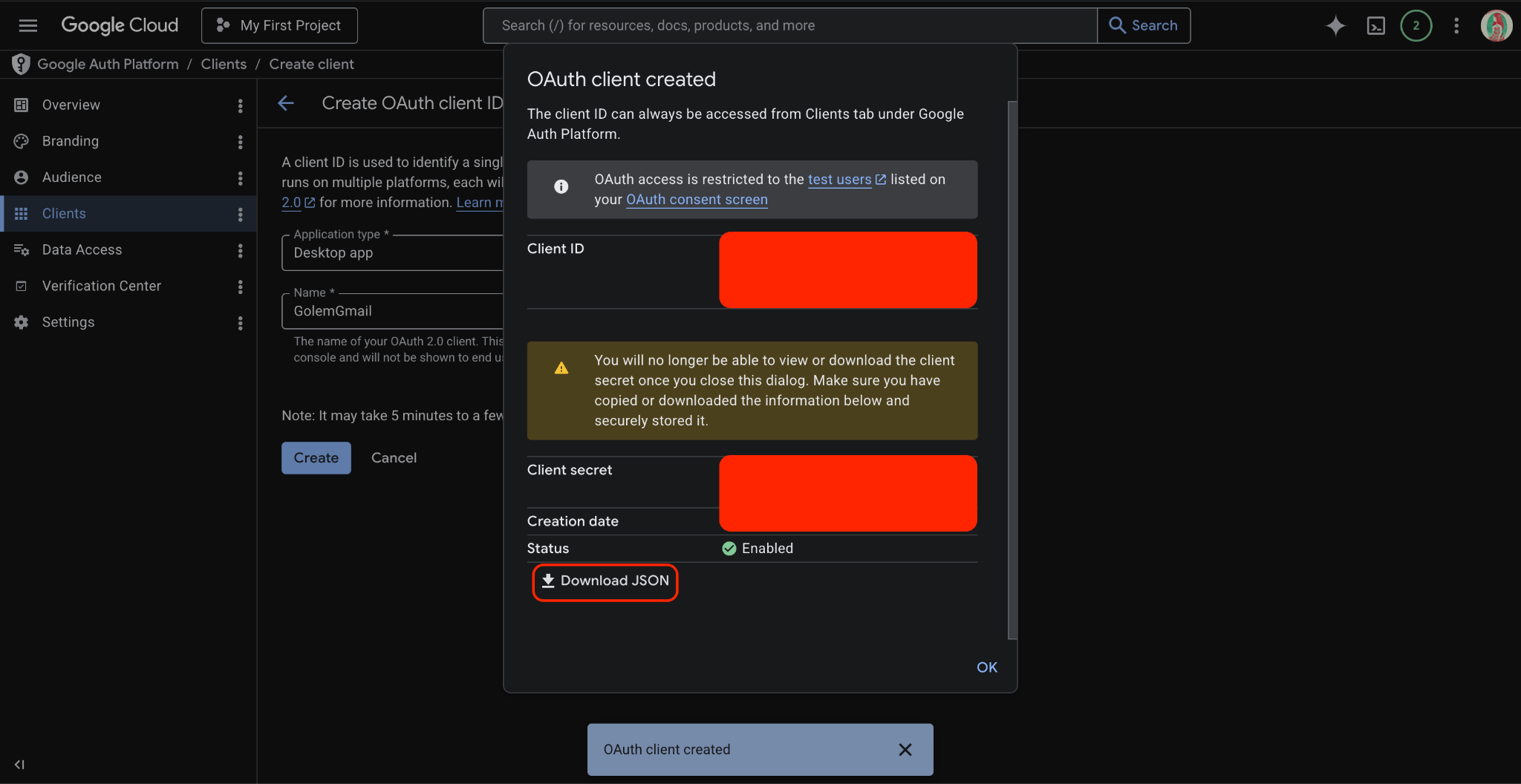 Downloading OAuth Client JSON