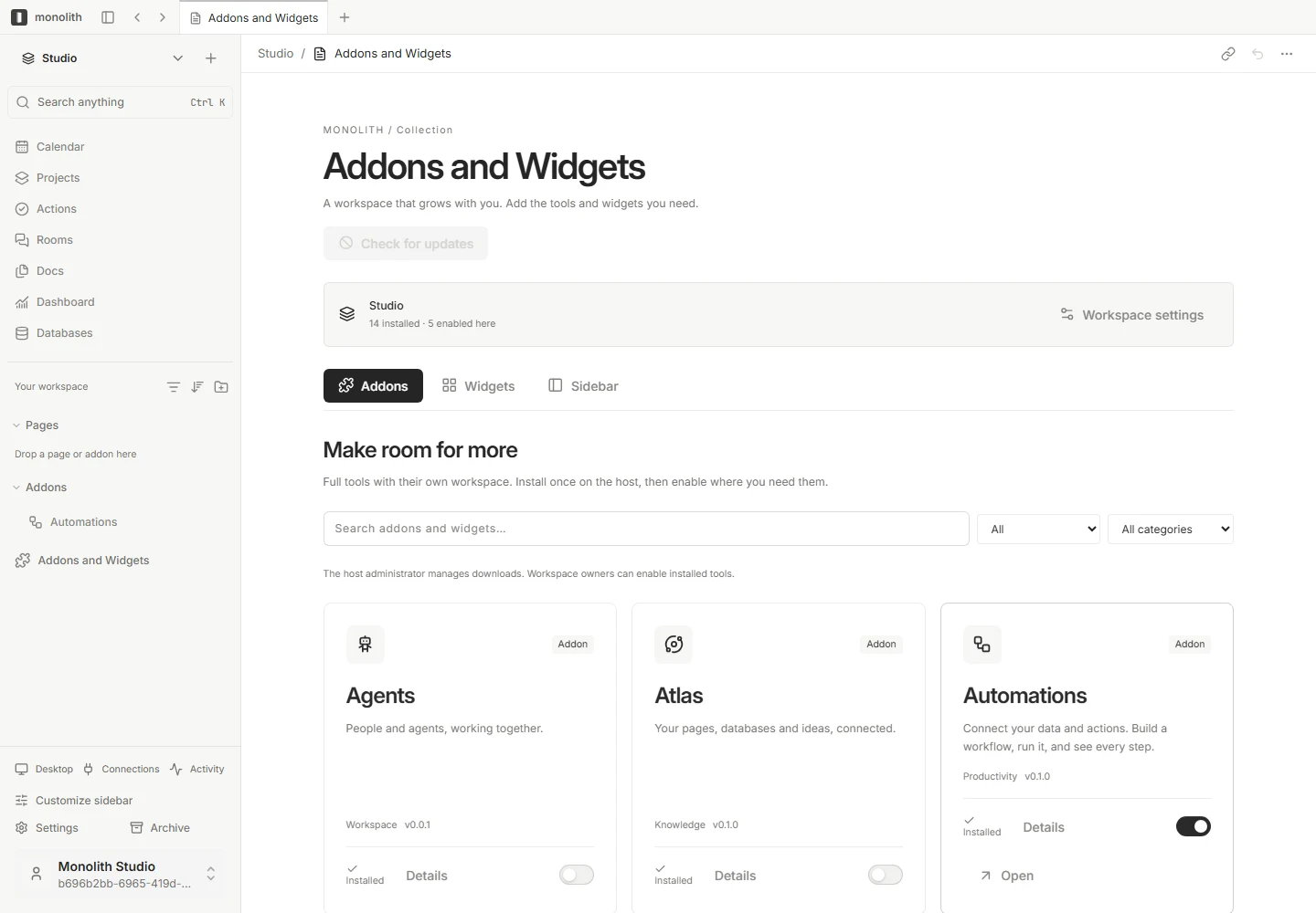Monolith Addons and Widgets collection with type filters, package details and workspace controls