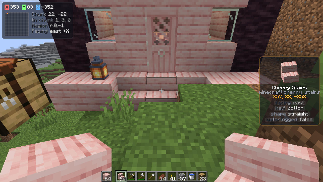 The Builder template: cherry stairs in 3D with their state, and a chunk map with coordinates