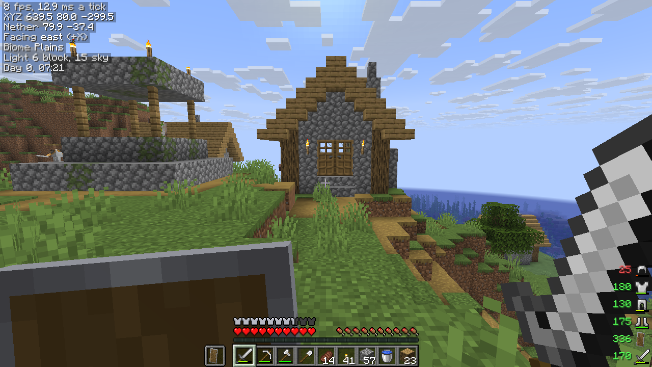 The default HUD in a plains village by the sea: FPS, coordinates, Nether coordinates, facing, biome, light and time
top left; armor and tools with their durability bottom right