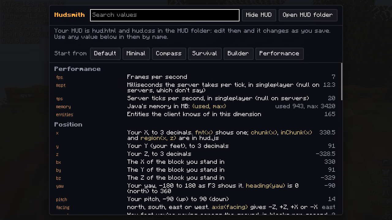The Hudsmith screen: a search box, template buttons, and every value by category with a description and what it
is right now
