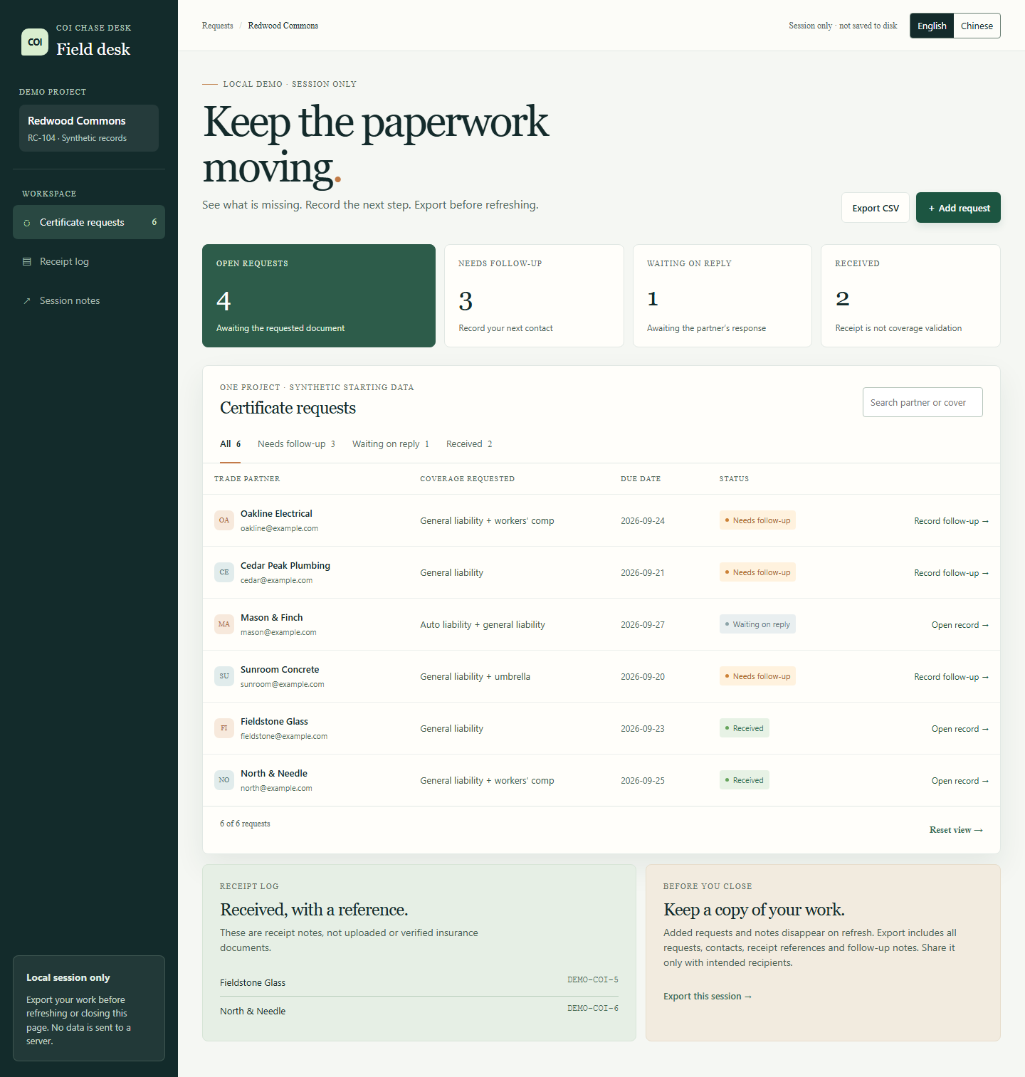 COI Chase Desk · product interface