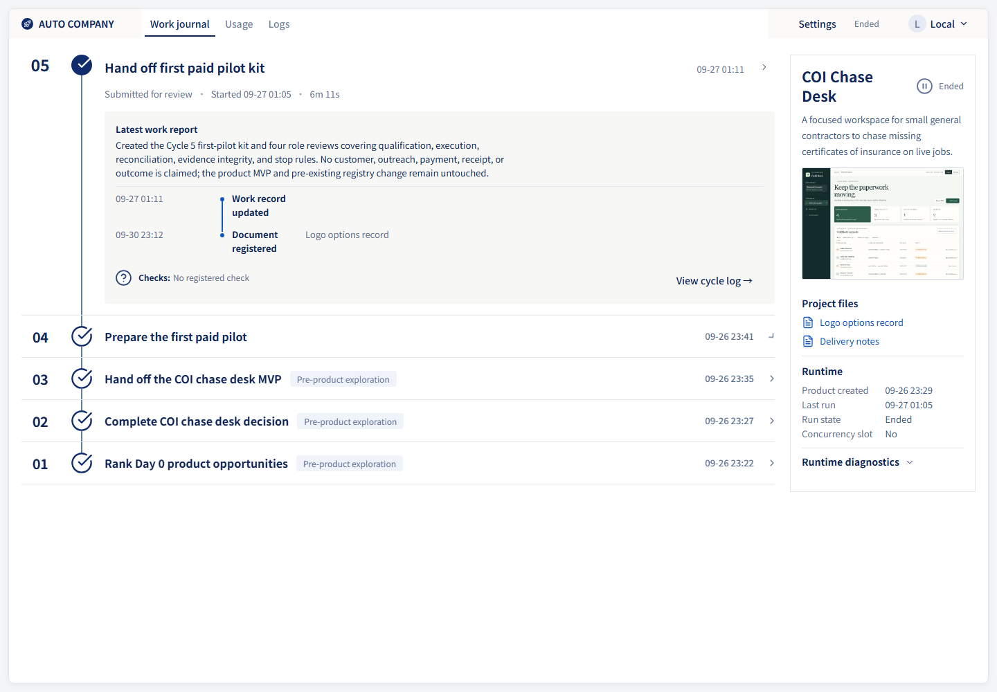 COI Chase Desk · recorded work timeline