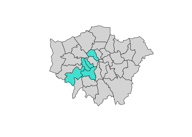 Simple plot of London with areas of high sports participation highlighted in blue