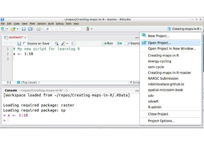 The RStudio environment with the project tab poised to open the Creating-maps-in-R project.