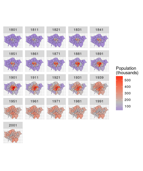 Faceted plot of the distribution of London's population over time