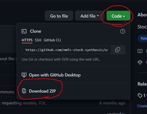 Screenshot showing the code and download ZIP buttons circled in red.