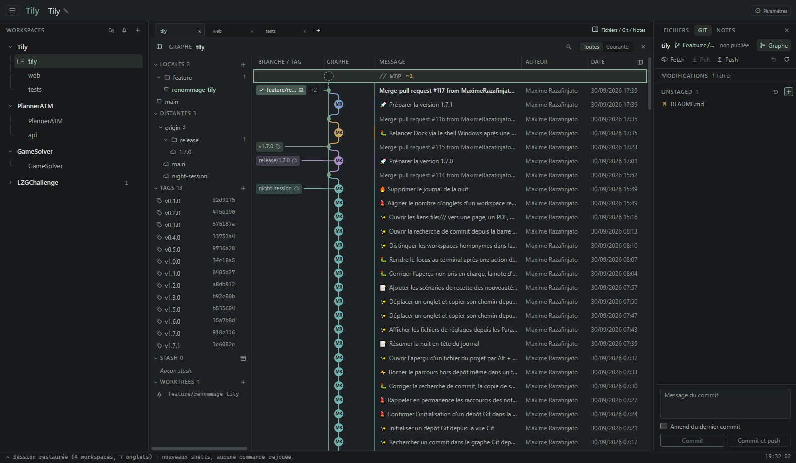 Vue Git avec les branches, le graphe de l’historique et les modifications en cours