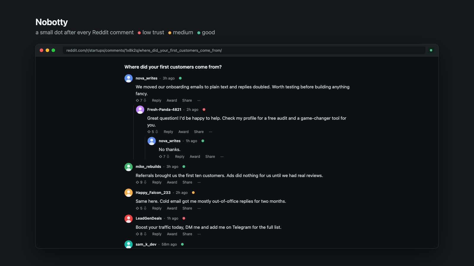 Nobotty: before and after on a mock thread