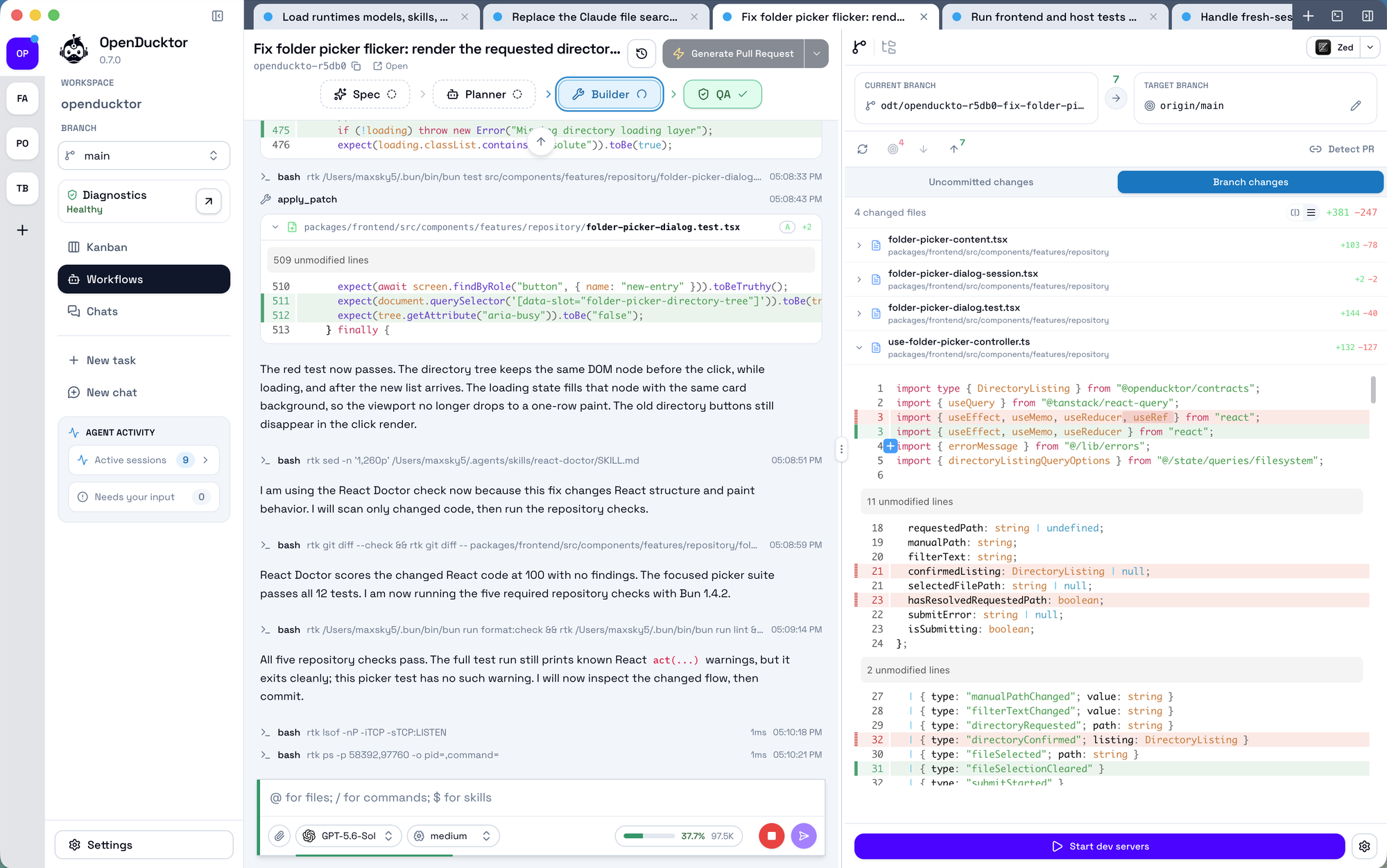 Builder session with the branch changes panel and a diff