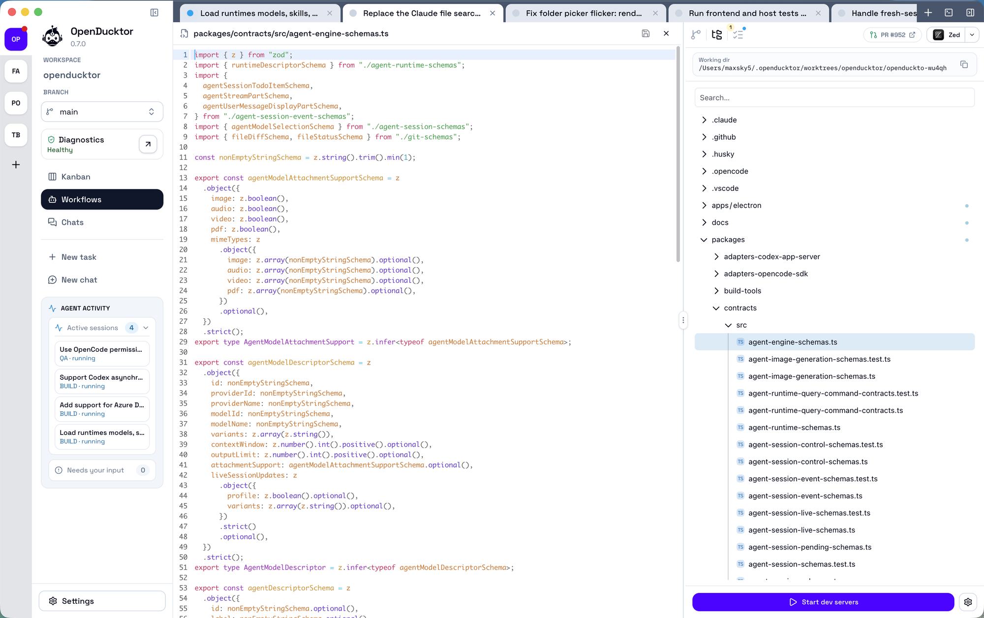 File preview beside the workspace file tree