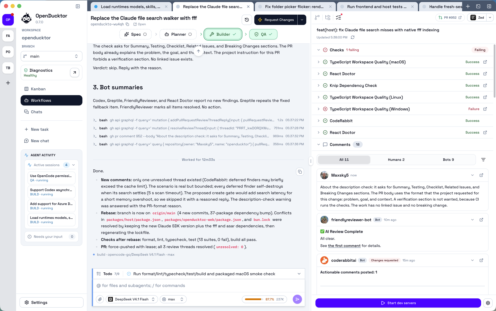 Builder session with pull request checks and comments