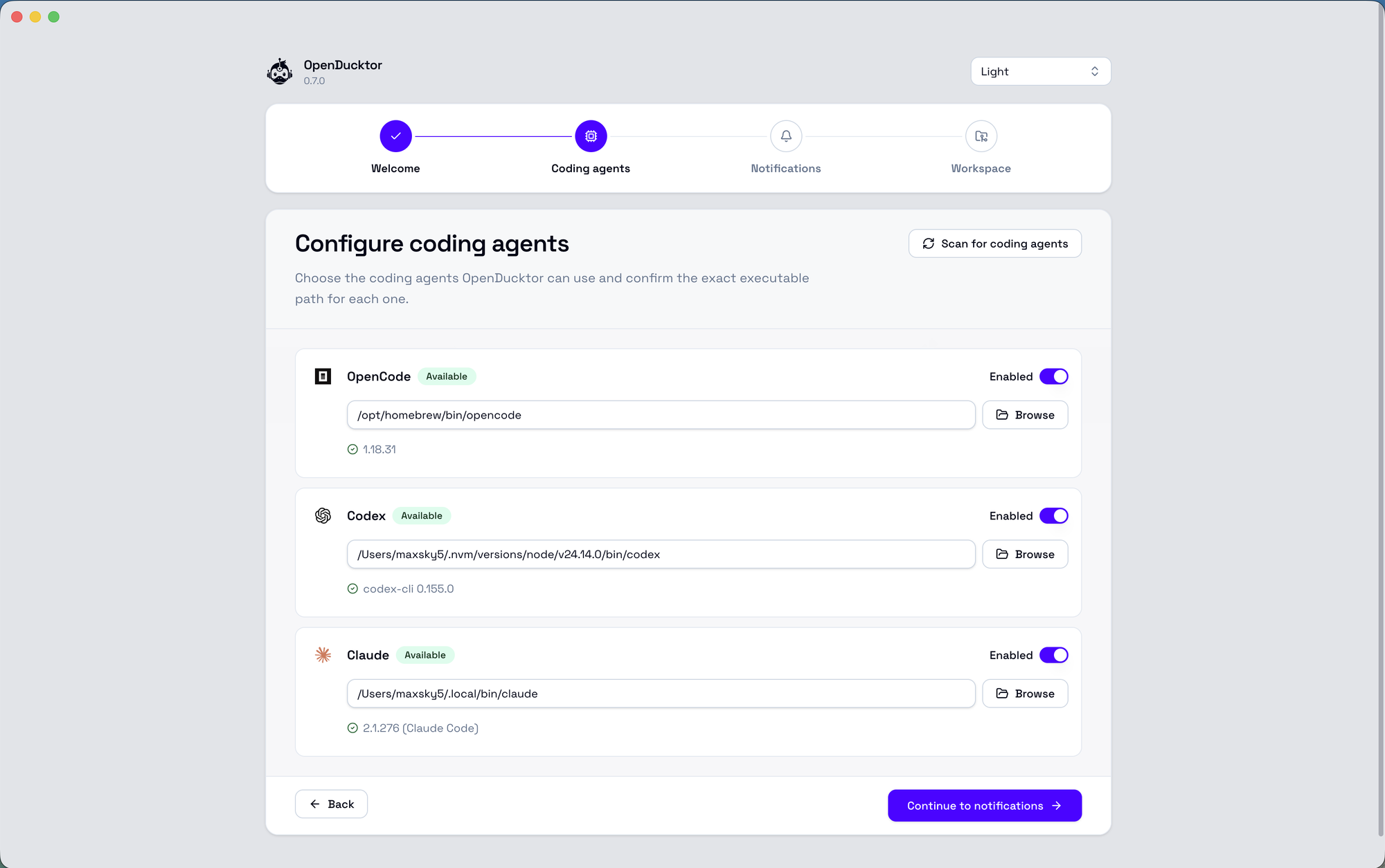 Configure coding agents step of the setup wizard