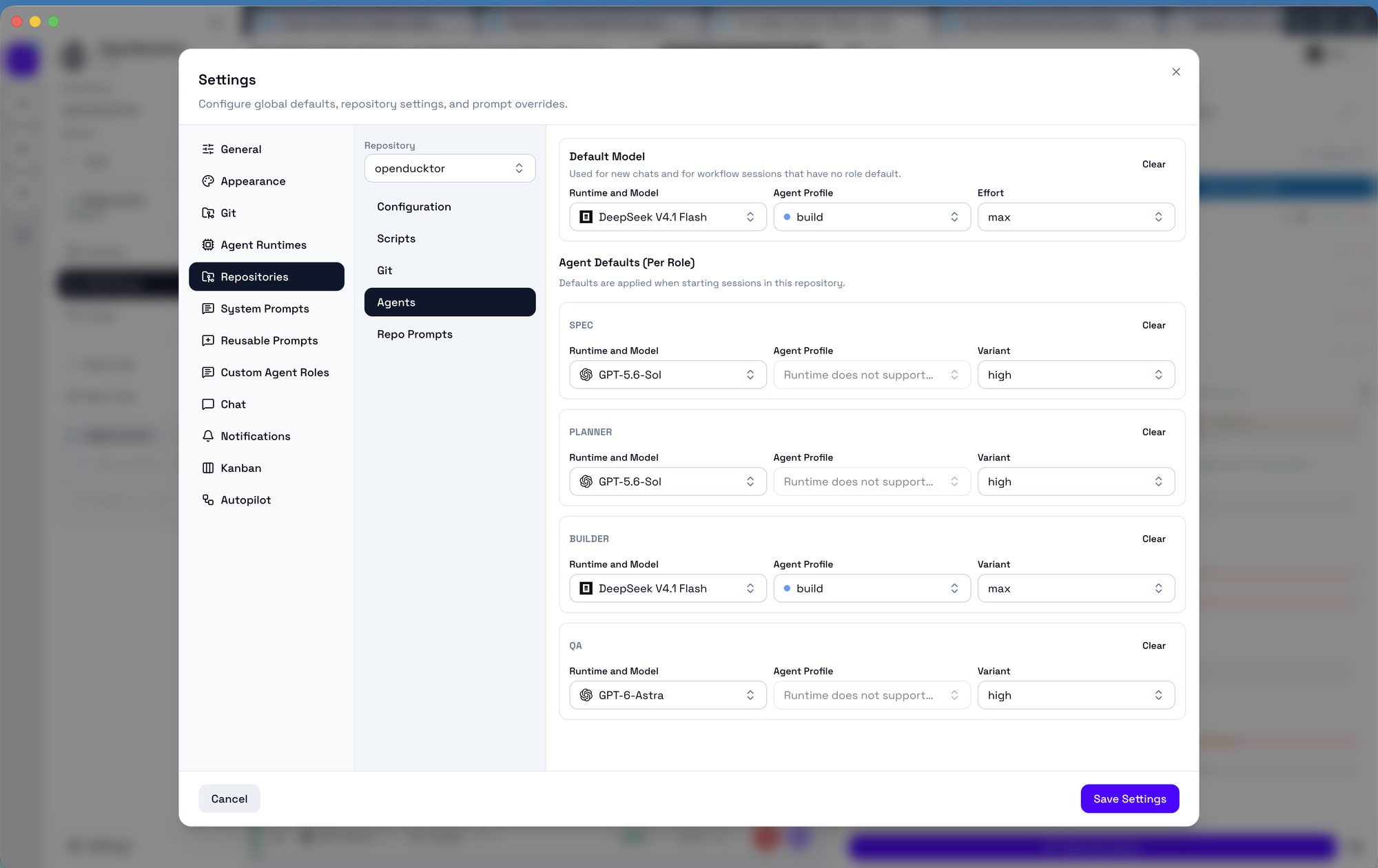 Per-role default models for a repository