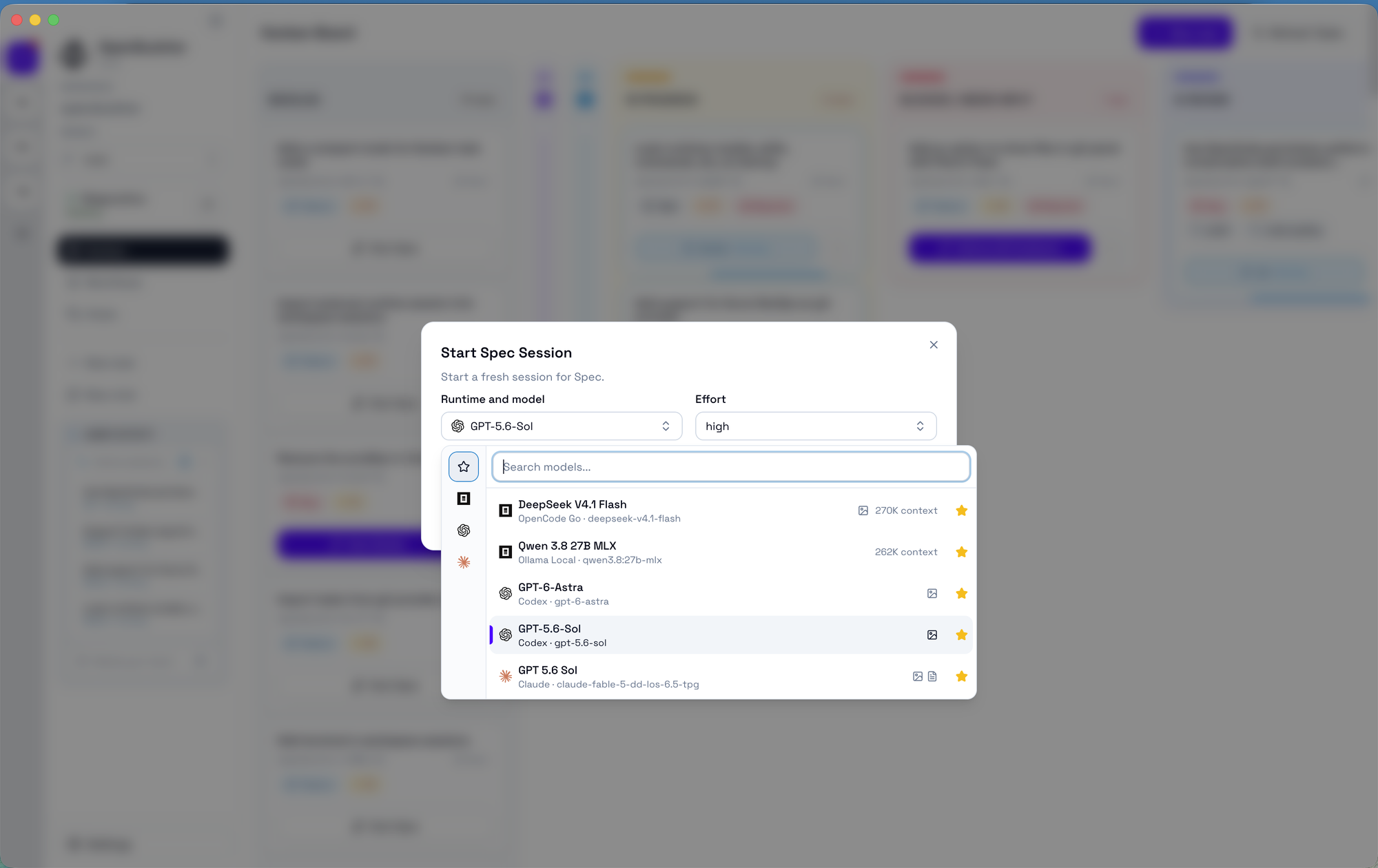 Start Spec session dialog with the runtime and model picker
