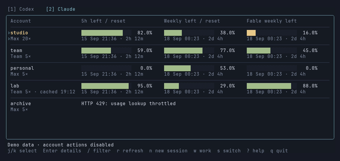 Hotseat: Claude accounts with 5-hour, weekly and Fable weekly quota bars
