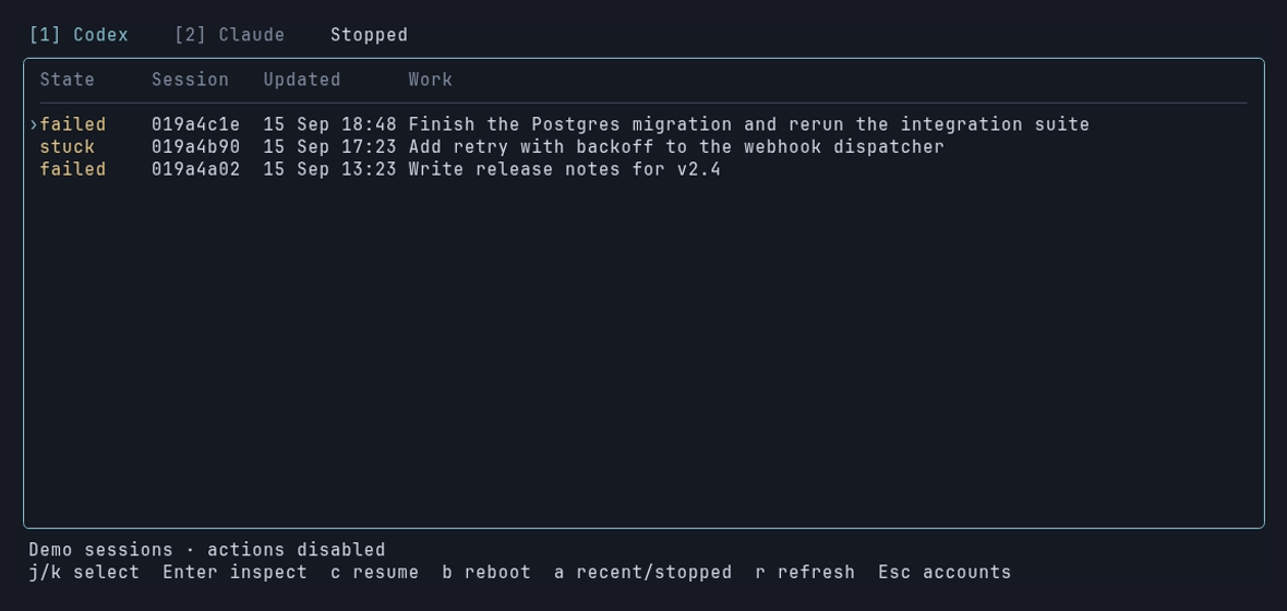 Hotseat: the Work screen listing stopped Codex sessions