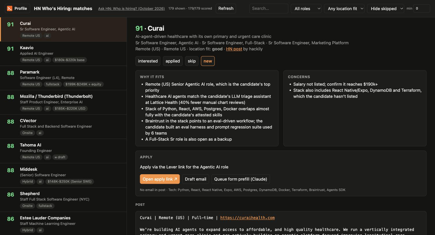 Dashboard: matches ranked by fit, with reasons, concerns and apply links