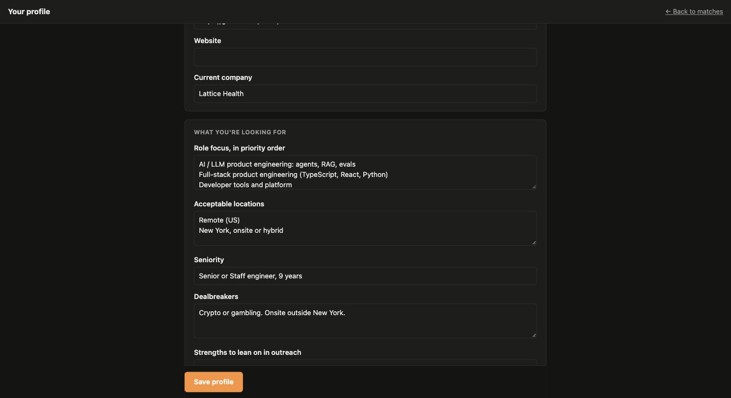 Profile page: resume, role focus, locations and application answers