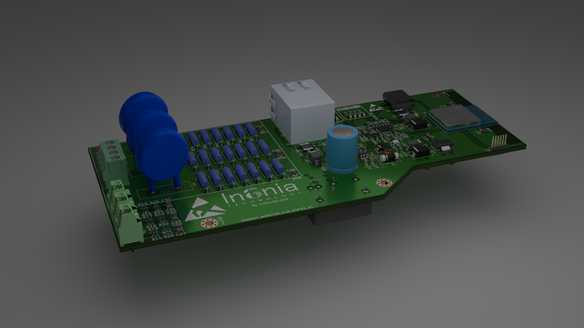 3D PCB render: Monitorización energética trifásica con Ethernet y PoE