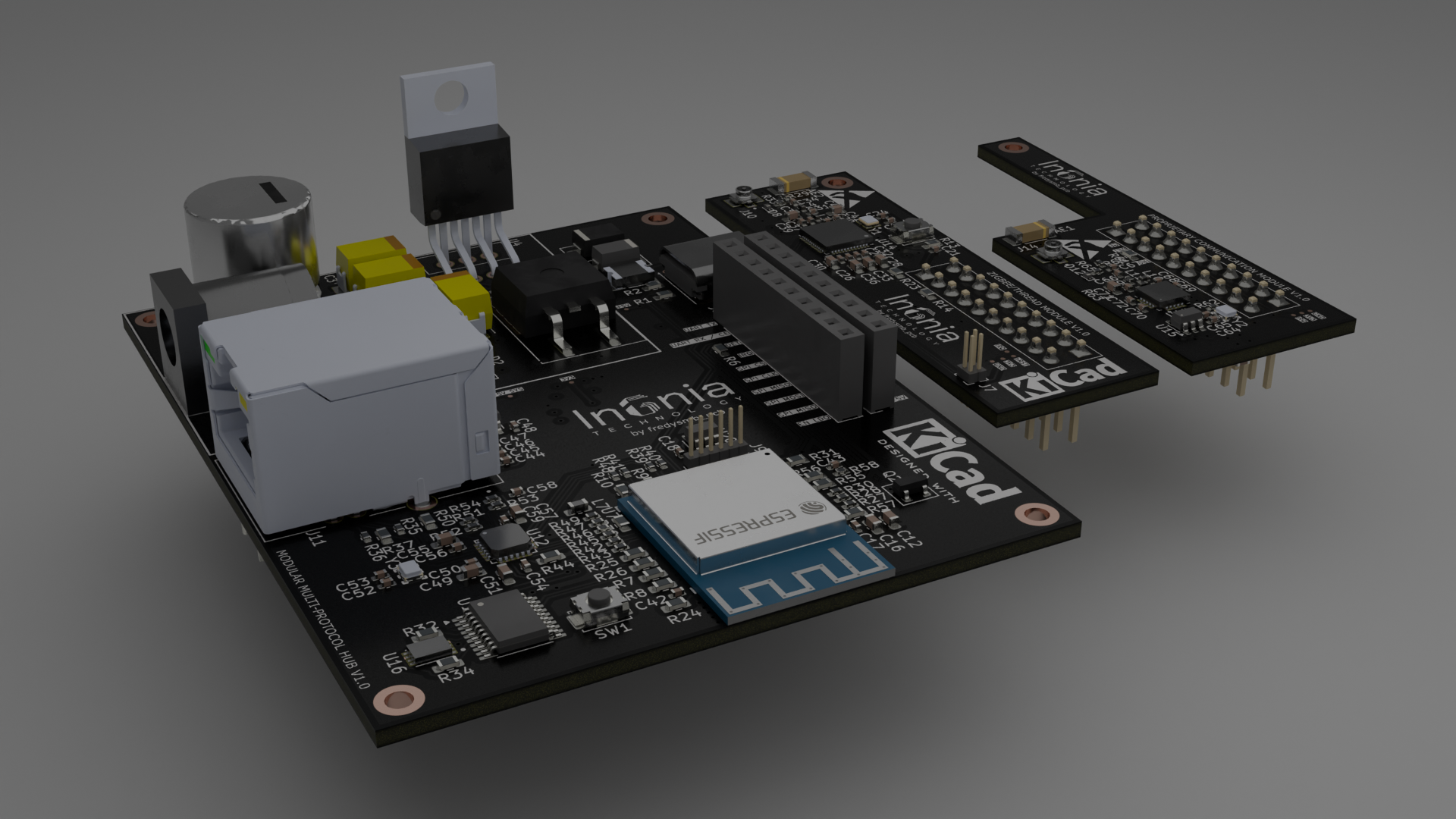 3D render of Modular Multi-Protocol IoT Hub PCB with ESP32-S3, Zigbee, Thread, and Ethernet interfaces