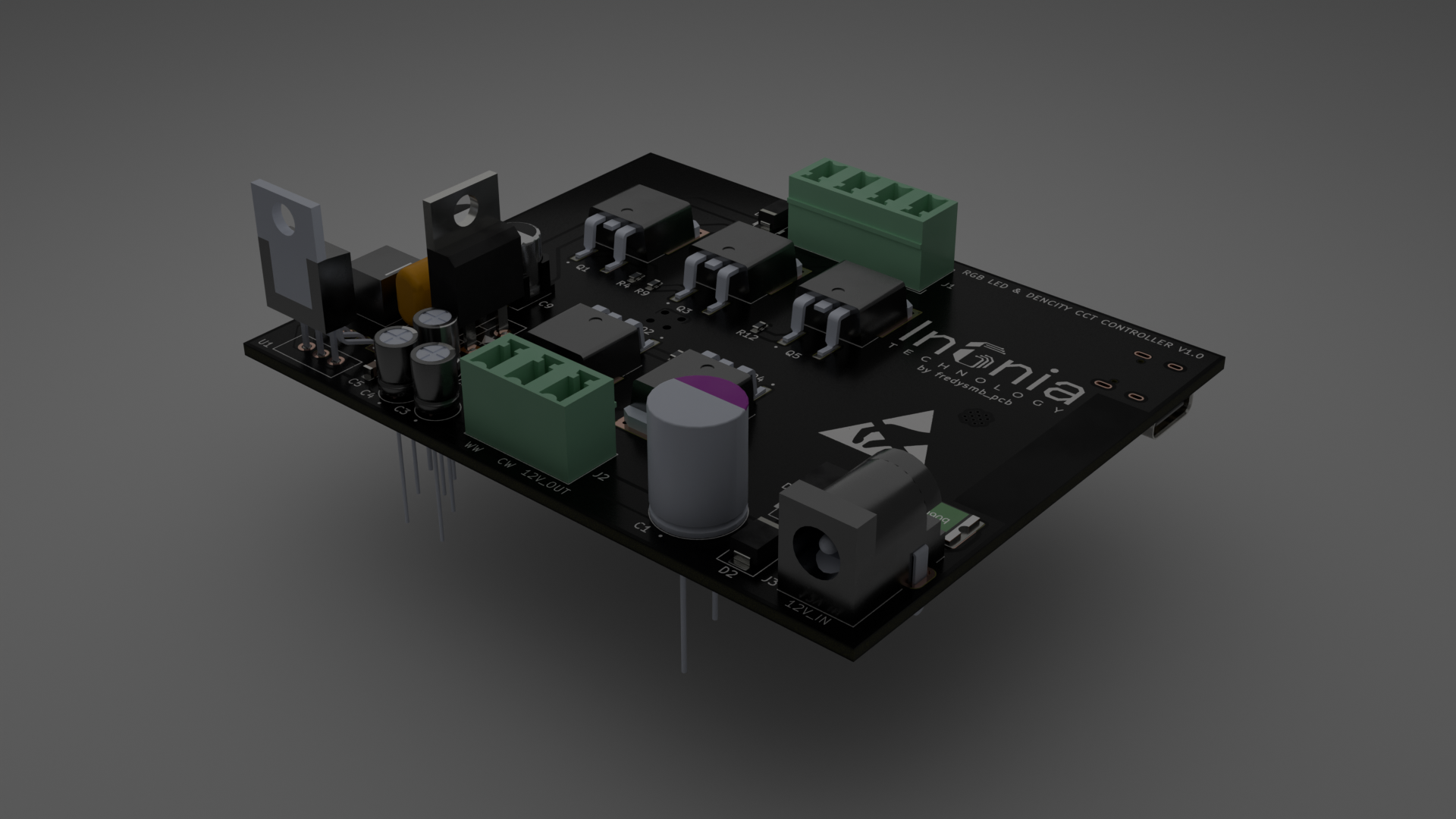 3D visualization of Compact RGB+CCT LED controller with ESP32‑C3: drives 5 channels (RGB + WW + CW)