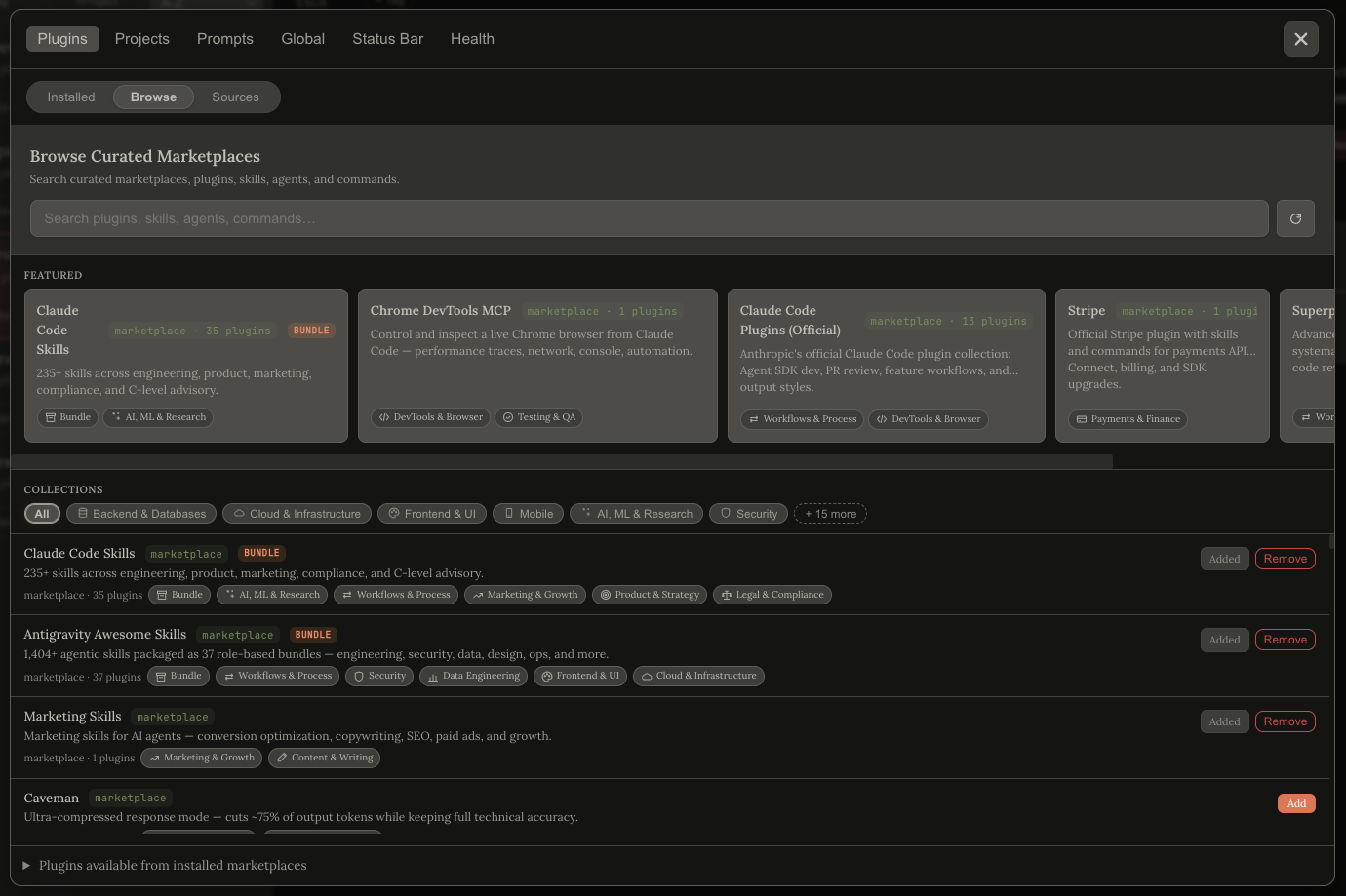 ClaudeWorks Browse tab showing featured plugins, collection chips, and curated marketplace list