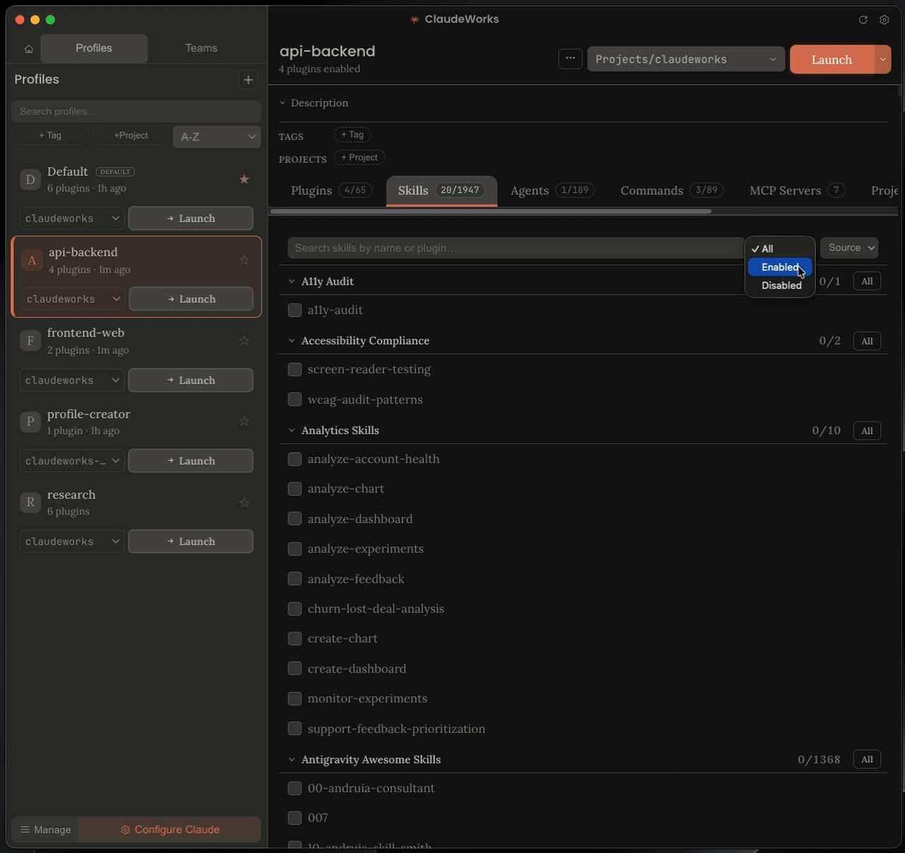 ClaudeWorks profile sidebar with two terminals running Claude Code side by side, each with a different skill set