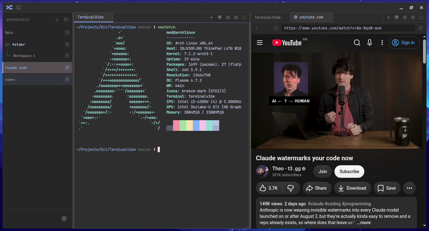 TerminalVibe - Built-in browser playing YouTube