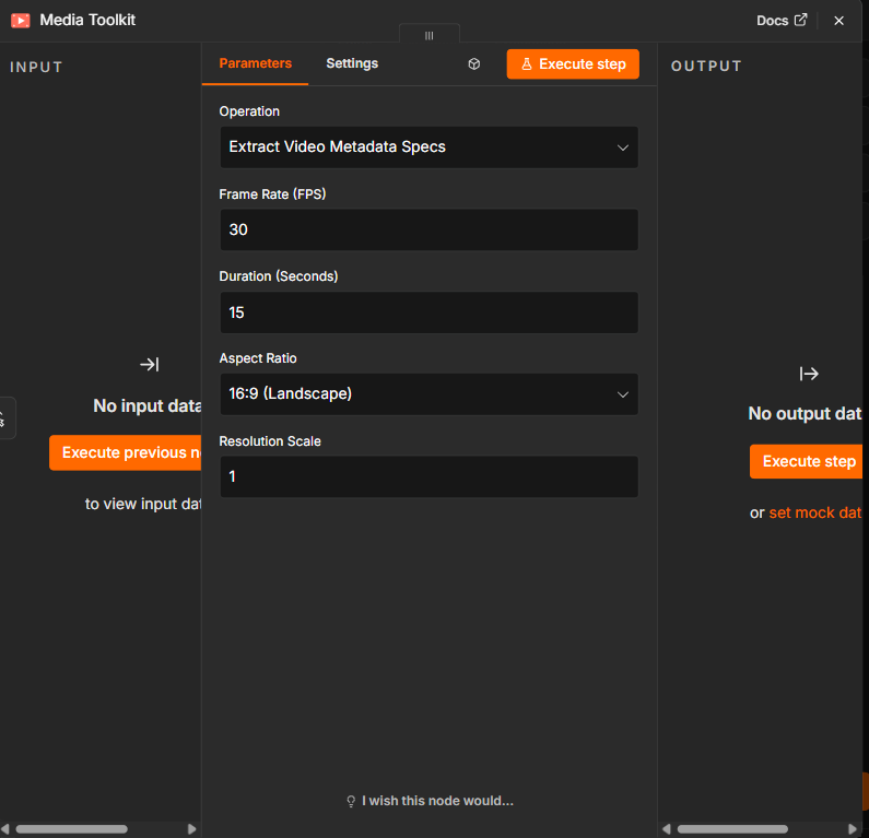 Media Toolkit node open in the n8n editor showing the Extract Video Metadata Specs parameters