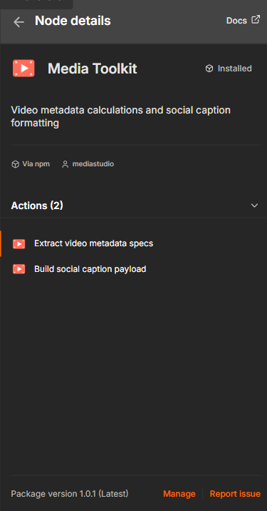 n8n node details panel showing Media Toolkit installed via npm with two actions