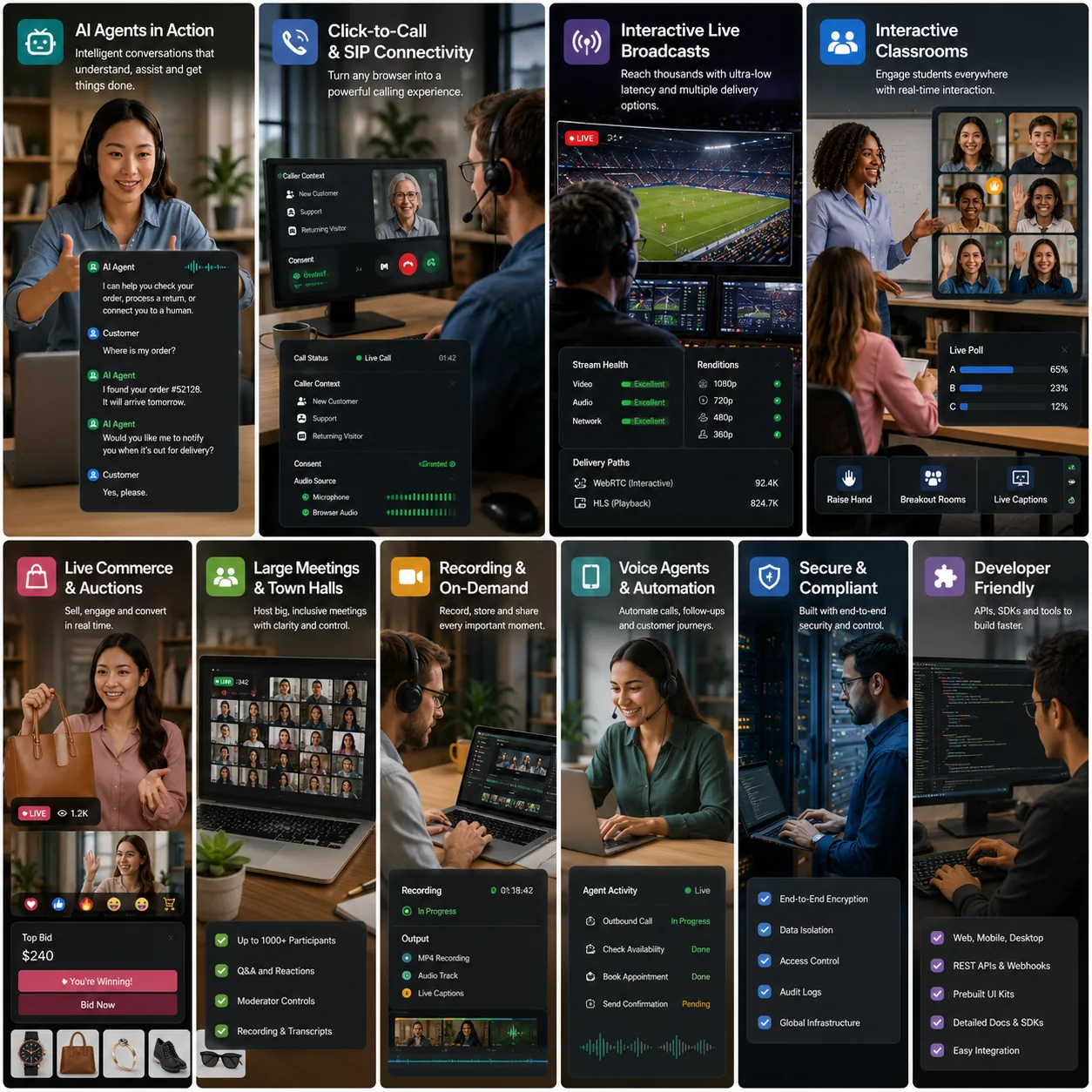 MediaSFU real-time product capabilities including meetings, live broadcasts, classrooms, calling, recording, agents, and live commerce
