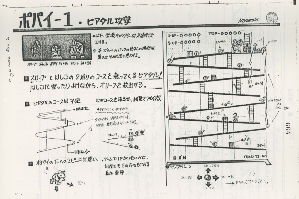 大金刚（1981）的早期设计文档，其中展现了机制，控制和玩法流向。取自 Shigeru Miyamoto (from https://twitter.com/forestillusion/status/1443284433268666368/