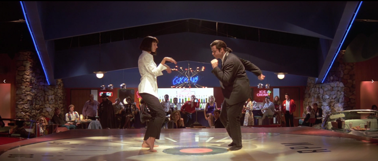 still from the memorable dance scene set piece from the film Pulp Fiction (1994)