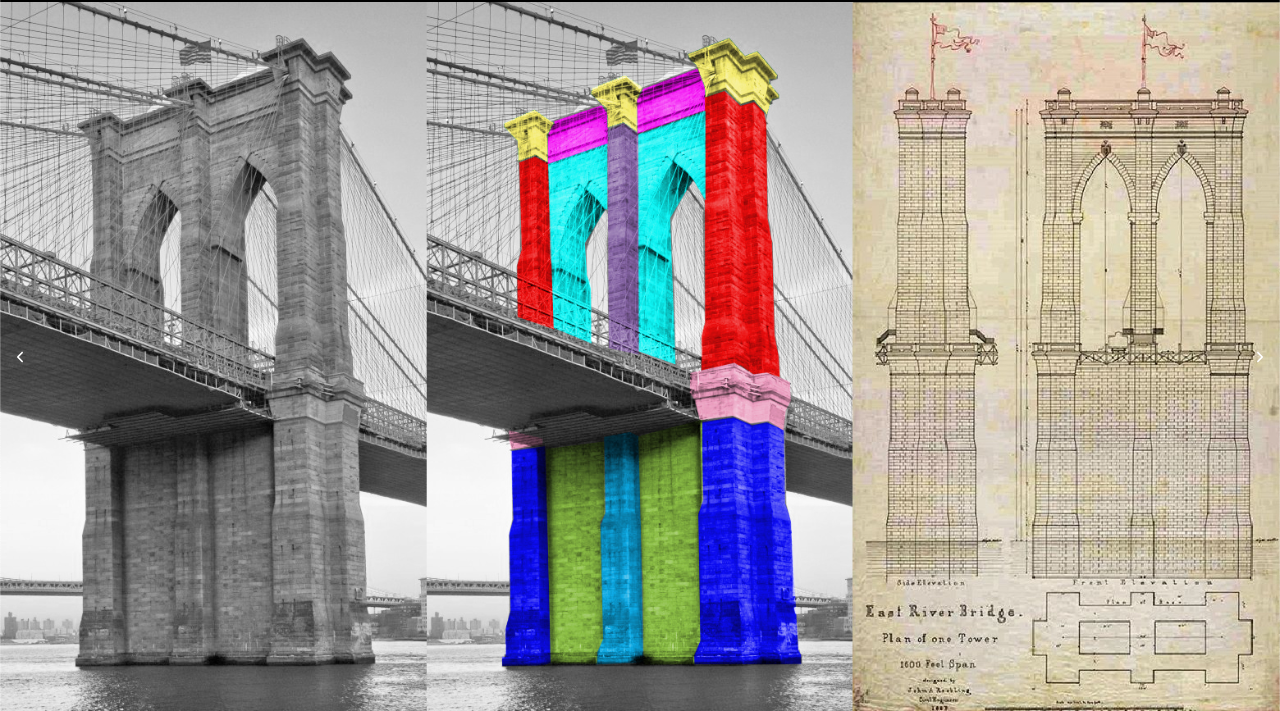 example paintover breakdown of a Brooklyn Bridge tower, with color blocks highlighting symmetry and repetition