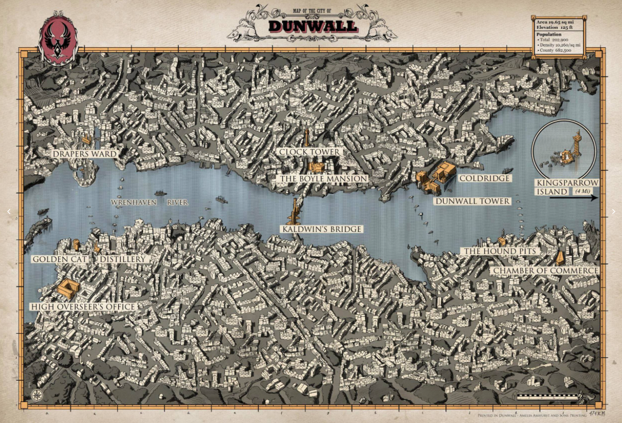 map of "Dunwall"(https://dishonored.fandom.com/wiki/Dunwall), the fictional city featured in Dishonored (2012) by Arkane Studios; strongly inspired by London
