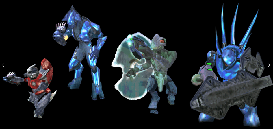 the Grunt, Elite, Jackal, and Hunter are distinctive Covenant faction enemies from Halo 1 (2001) by Bungie